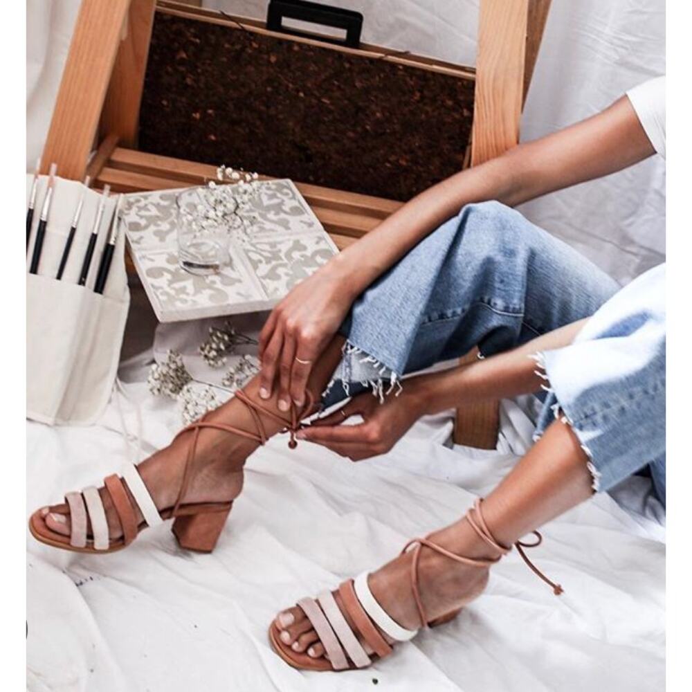 Alohas pink & cream suede lace up letizia heel sandals